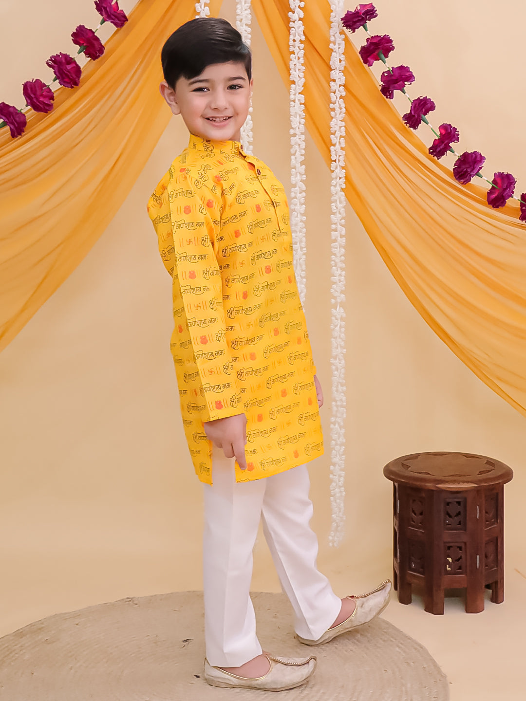 Yellow Cotton Full sleeves Ganesha Printed Kurta Pyjama Set
