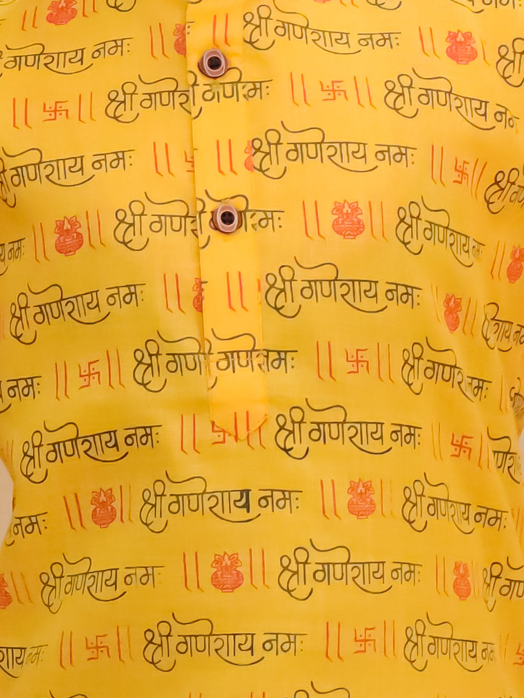 Yellow Cotton Full sleeves Ganesha Printed Kurta Pyjama Set