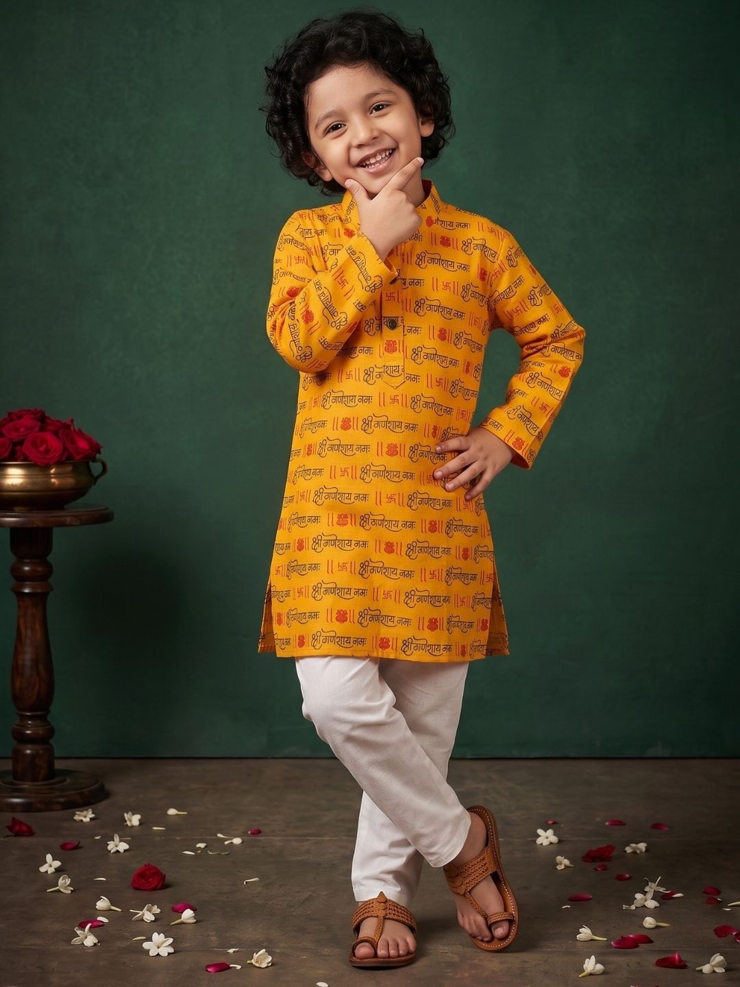 Yellow Cotton Full sleeves Ganesha Printed Kurta Pyjama Set