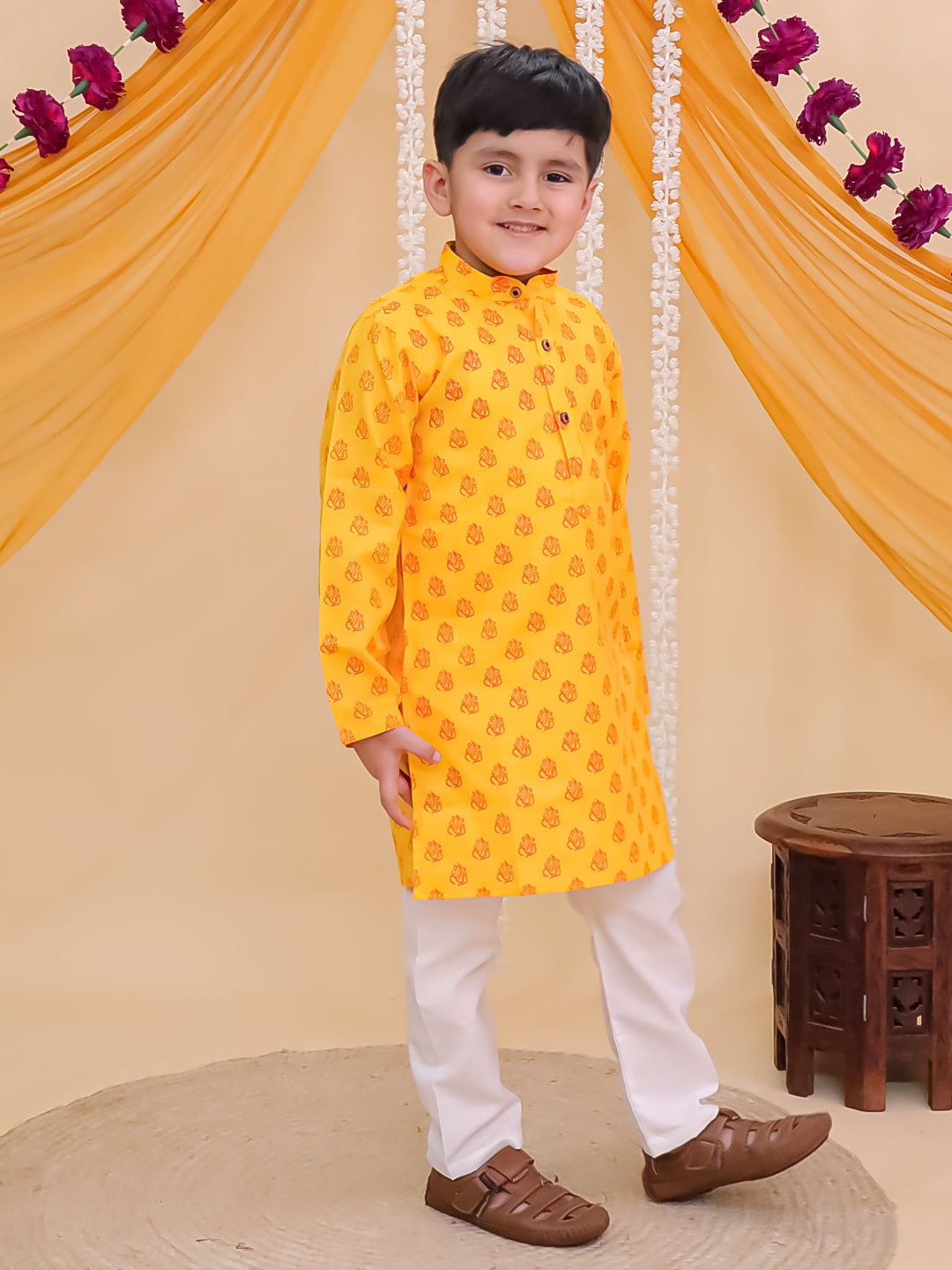 Boys Yellow Cotton Full sleeves Ganesh Idol Printed Kurta Pyjama Set