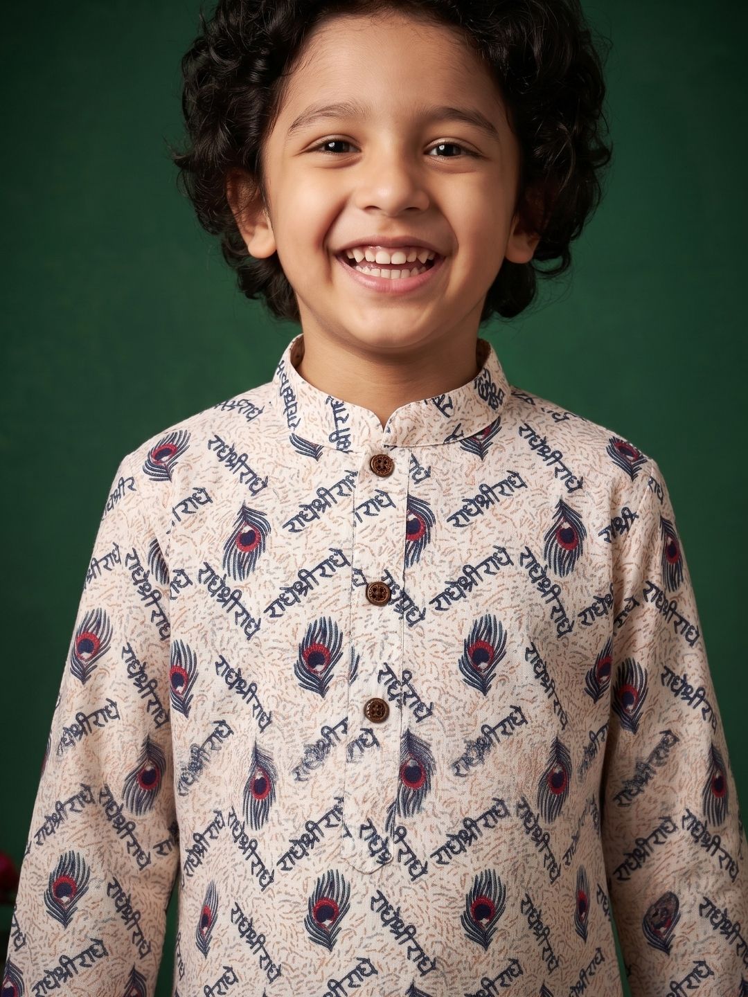 Blue Cotton Full sleeves Krishna Printed Kurta Pyjama Set