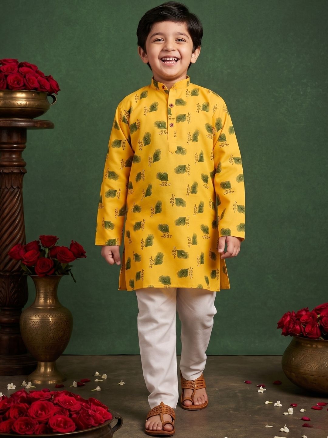 Yellow Cotton Full sleeves Krishna Mor Pankh Printed Kurta Pyjama Set