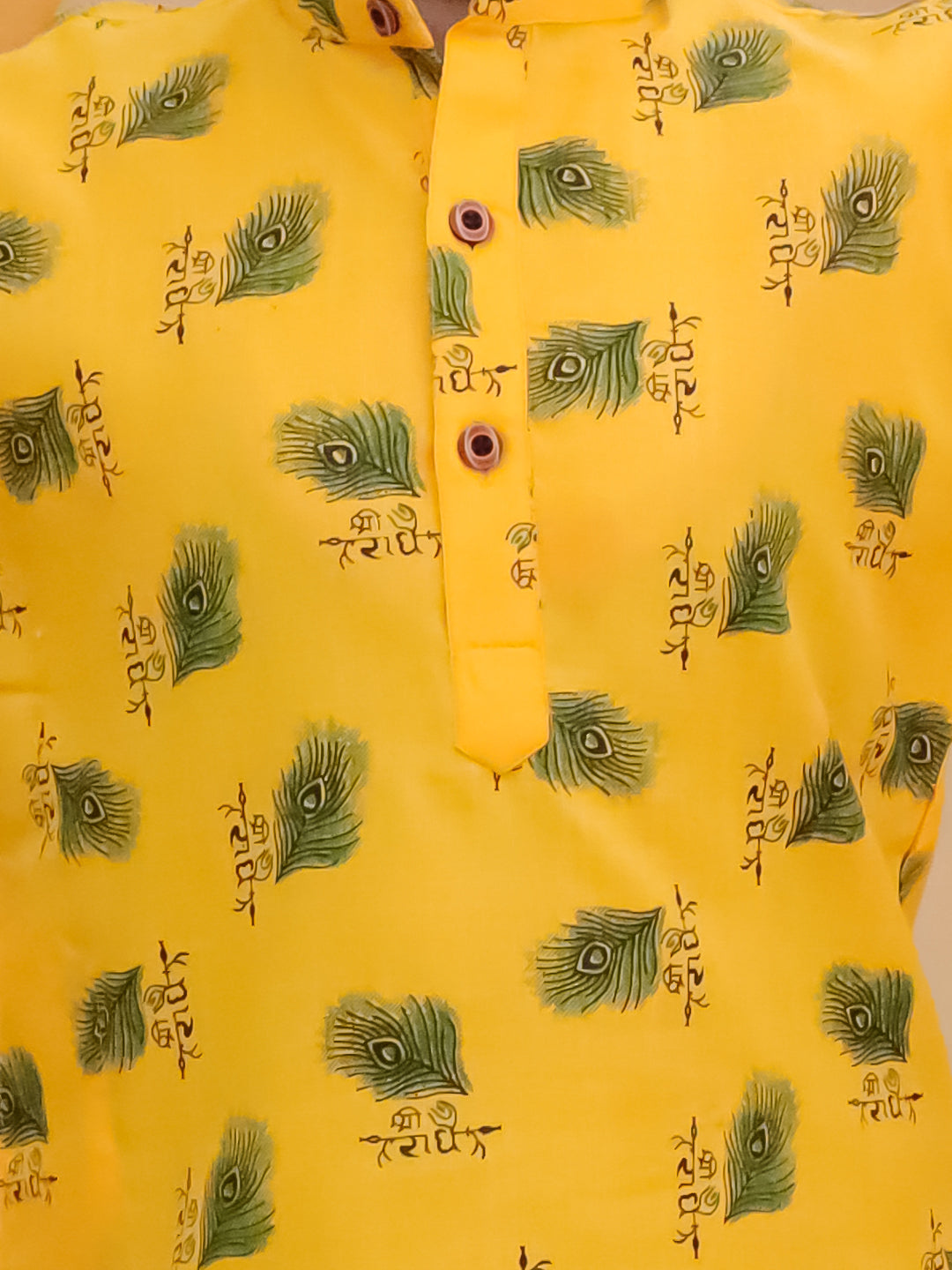 Yellow Cotton Full sleeves Krishna Mor Pankh Printed Kurta Pyjama Set