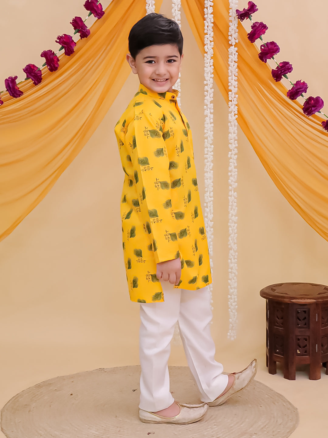 Yellow Cotton Full sleeves Krishna Mor Pankh Printed Kurta Pyjama Set