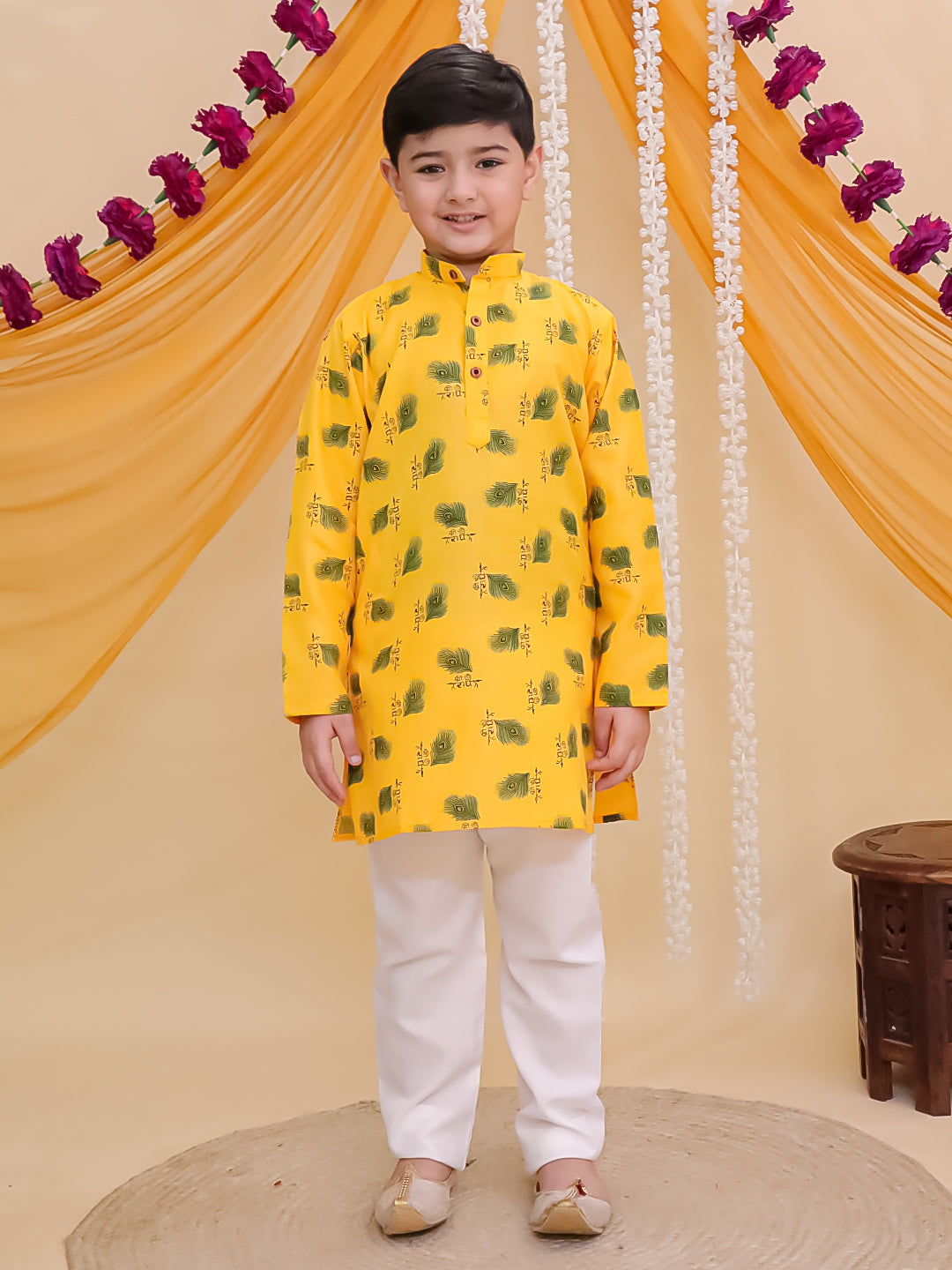 Yellow Cotton Full sleeves Krishna Mor Pankh Printed Kurta Pyjama Set