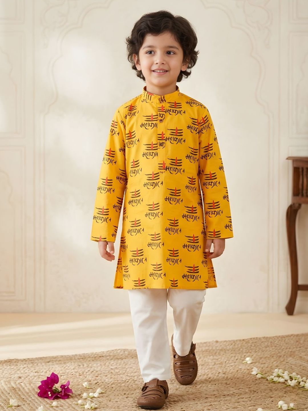 Boys Yellow Cotton Full sleeves Mahakal Printed Kurta Pyjama Set