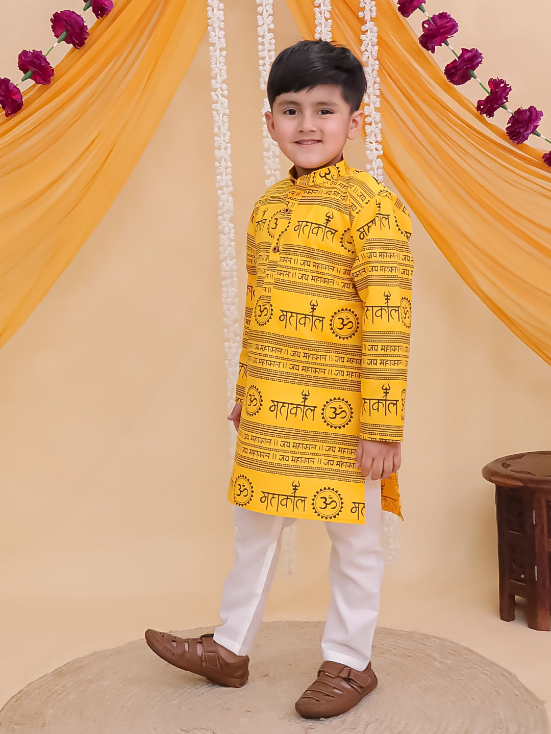Boys Yellow Cotton Full sleeves Om Mahakal Printed Kurta Pyjama Set