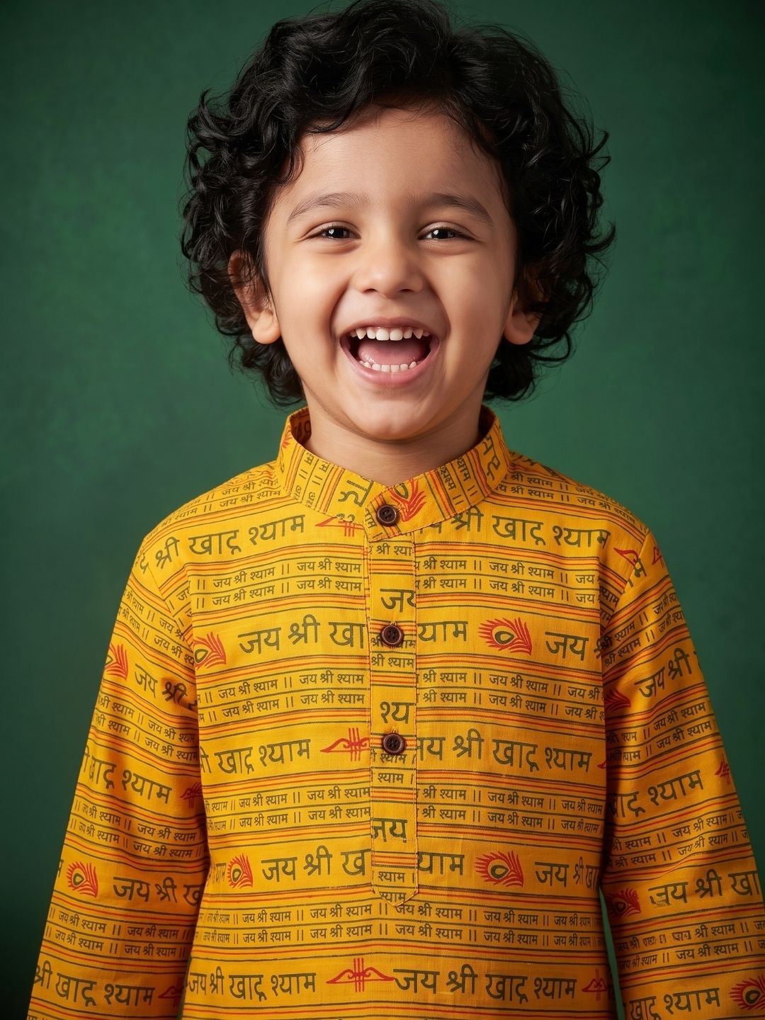 Boys Yellow Cotton Full sleeves Shri Syaam Printed Kurta Pyjama Set