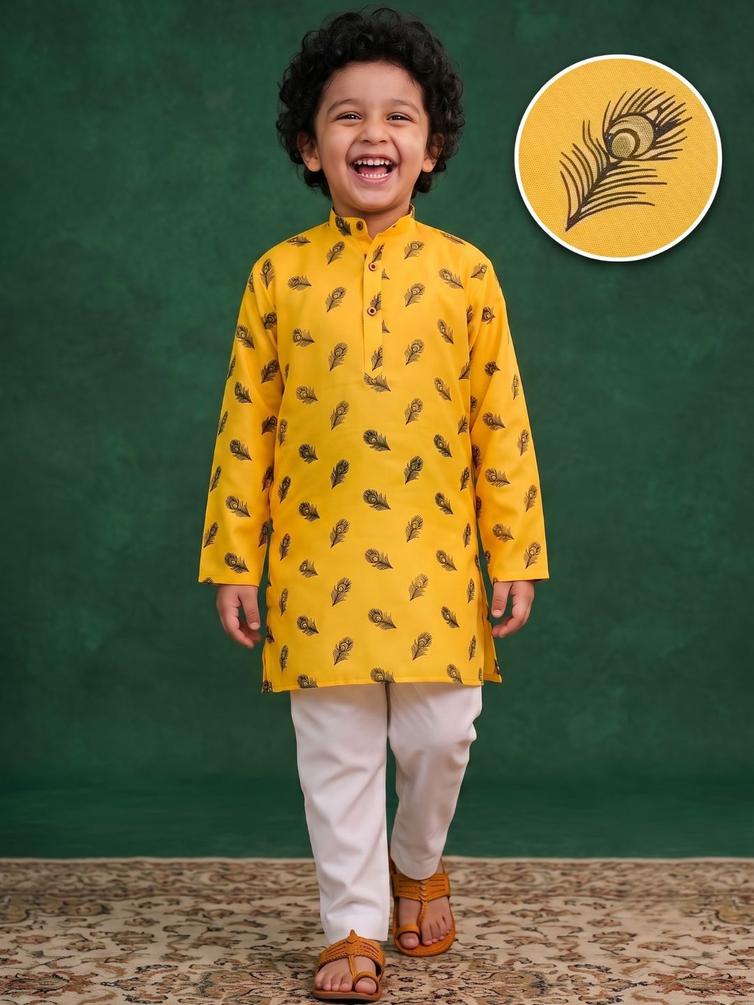 Yellow Cotton Full sleeves Krishna Mor Pankh Printed Kurta Pyjama Set