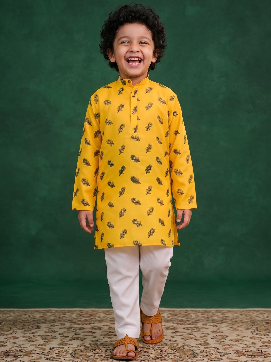 Yellow Cotton Full sleeves Krishna Mor Pankh Printed Kurta Pyjama Set