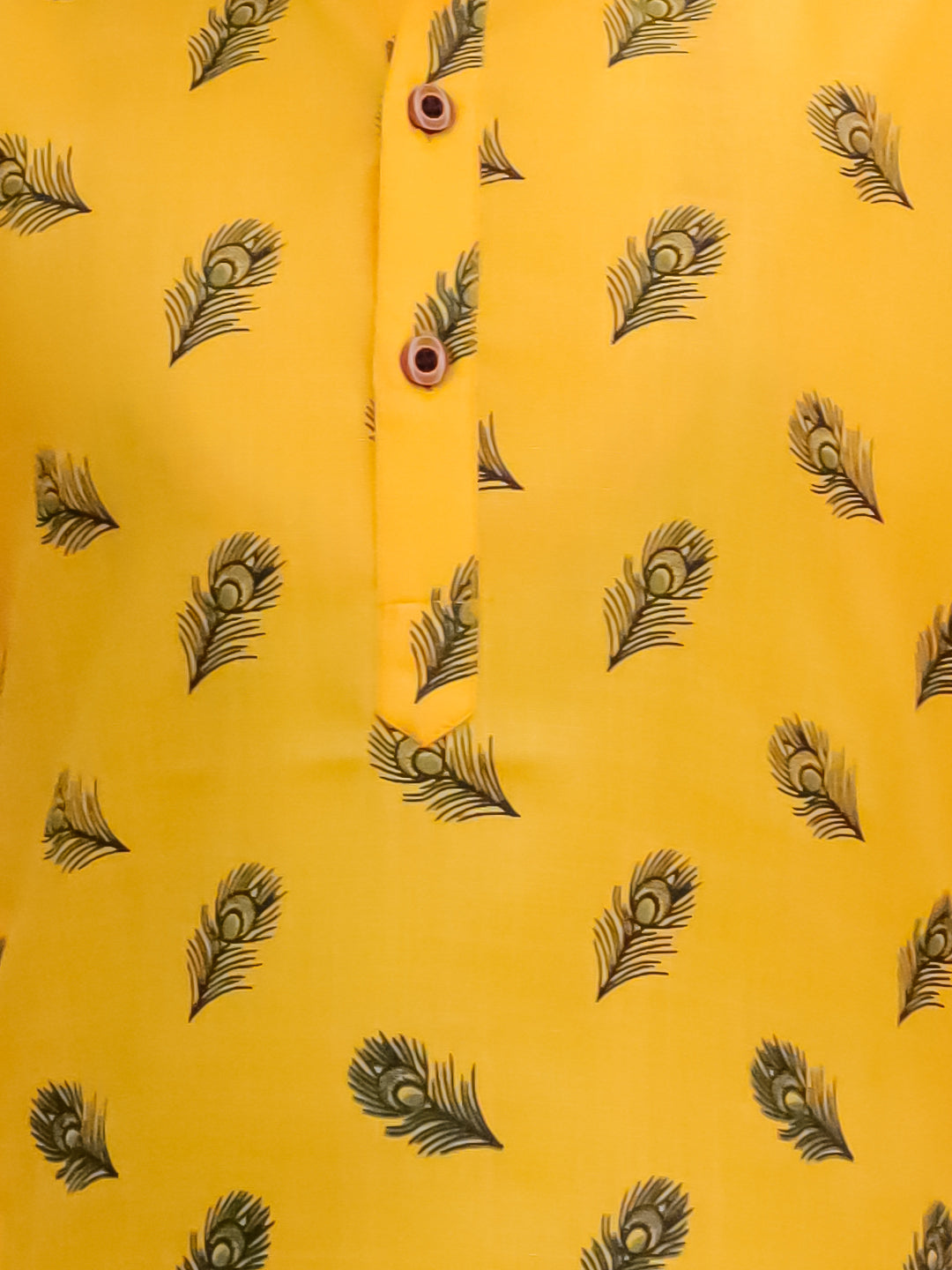 Yellow Cotton Full sleeves Krishna Mor Pankh Printed Kurta Pyjama Set