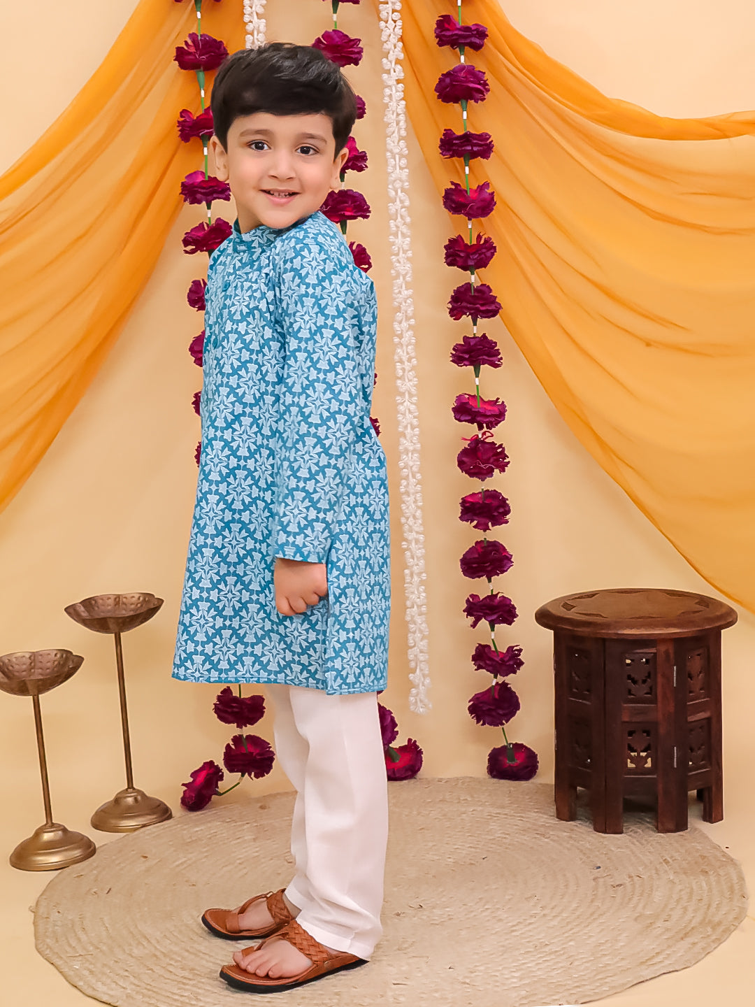 Boys Blue Cotton Full sleeves Printed Kurta Pyjama Set - AJ Dezines