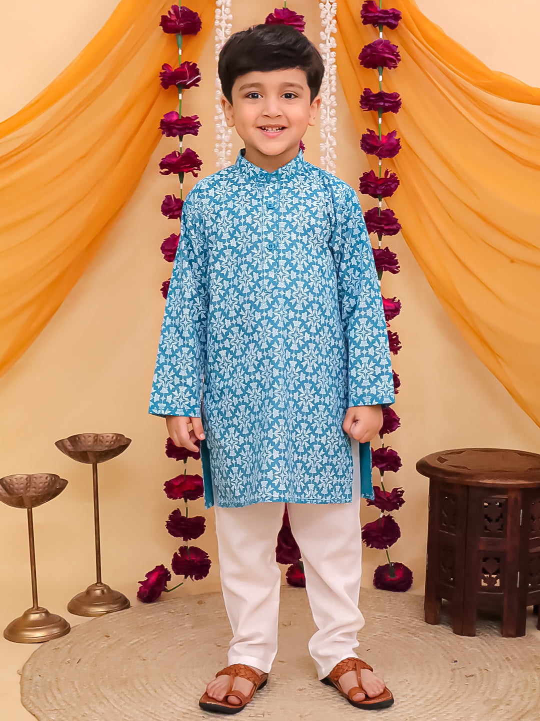 Boys Blue Cotton Full sleeves Printed Kurta Pyjama Set - AJ Dezines