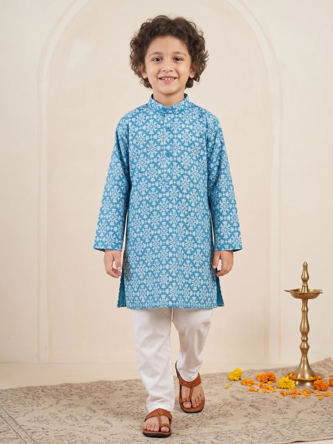 Boys Blue Cotton Full sleeves Printed Kurta Pyjama Set - AJ Dezines