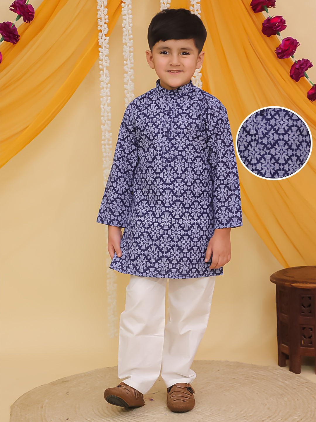 Boys Dark Blue Cotton Full sleeves Printed Kurta Pyjama Set - AJ Dezines