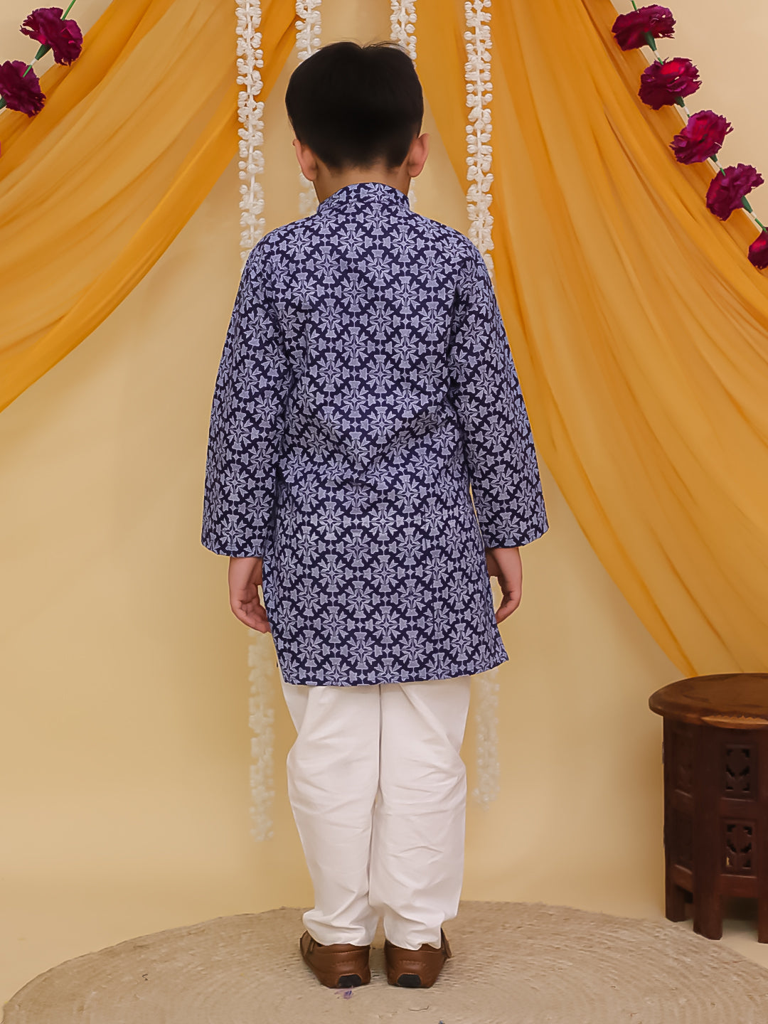 Boys Dark Blue Cotton Full sleeves Printed Kurta Pyjama Set - AJ Dezines