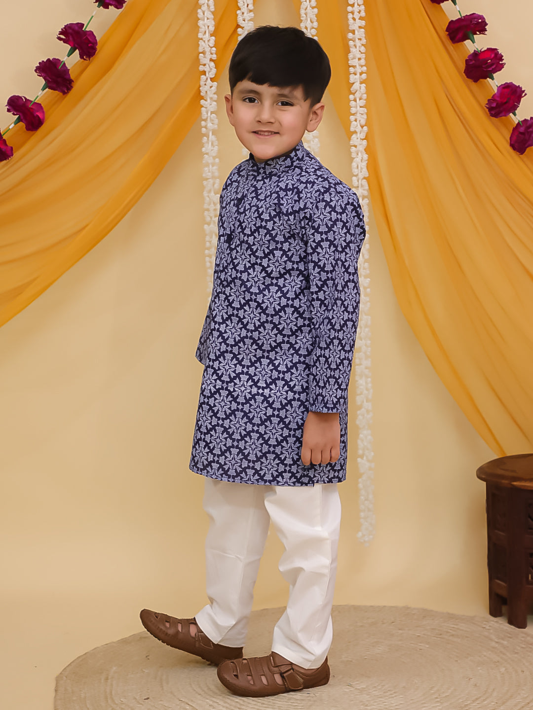 Boys Dark Blue Cotton Full sleeves Printed Kurta Pyjama Set - AJ Dezines