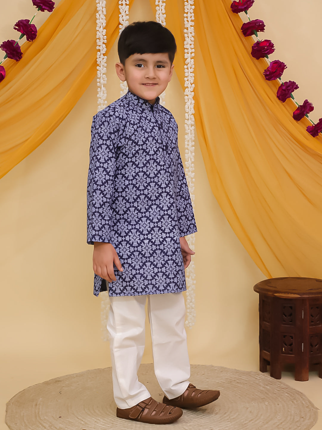 Boys Dark Blue Cotton Full sleeves Printed Kurta Pyjama Set - AJ Dezines