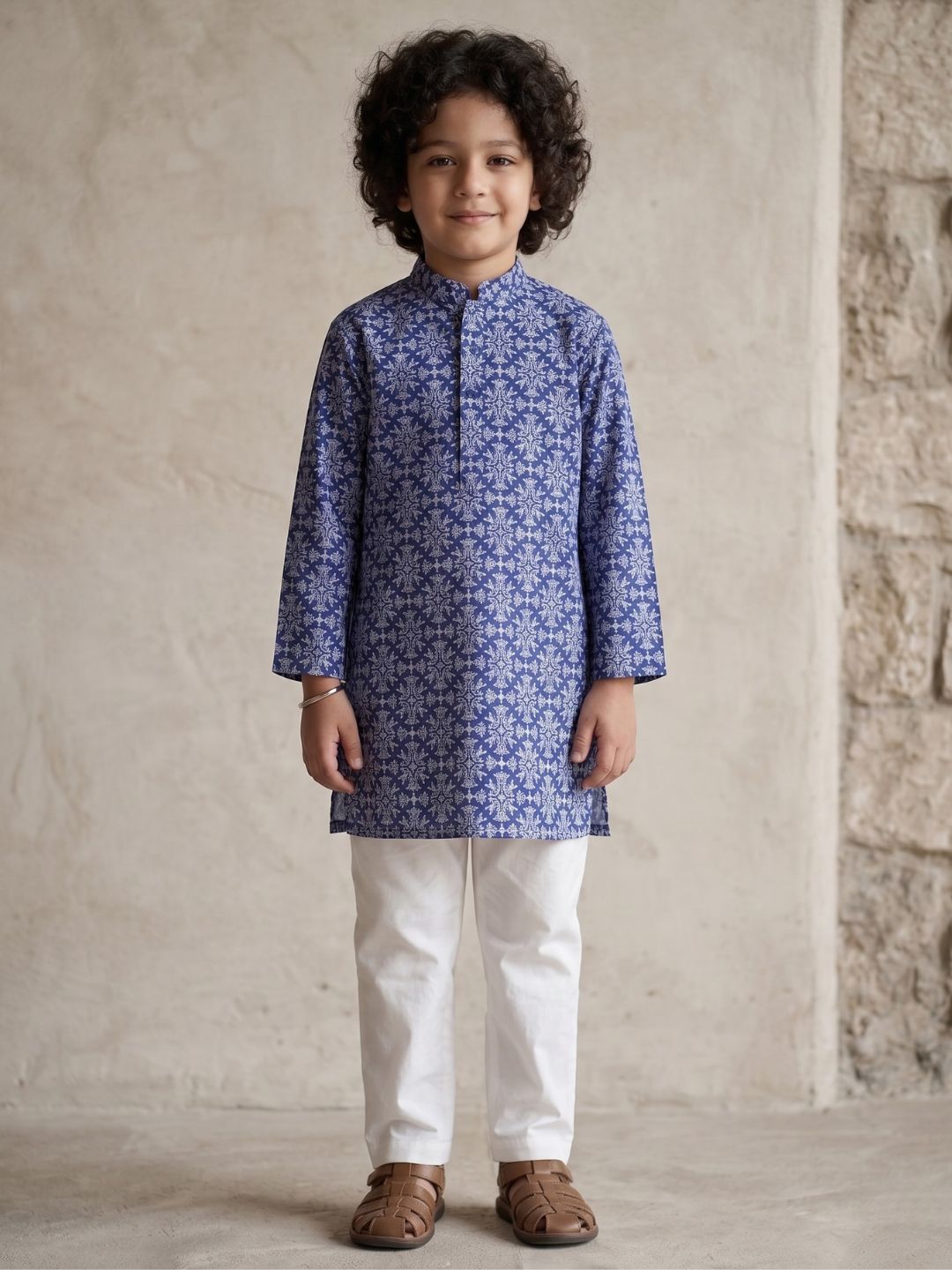 Boys Dark Blue Cotton Full sleeves Printed Kurta Pyjama Set - AJ Dezines
