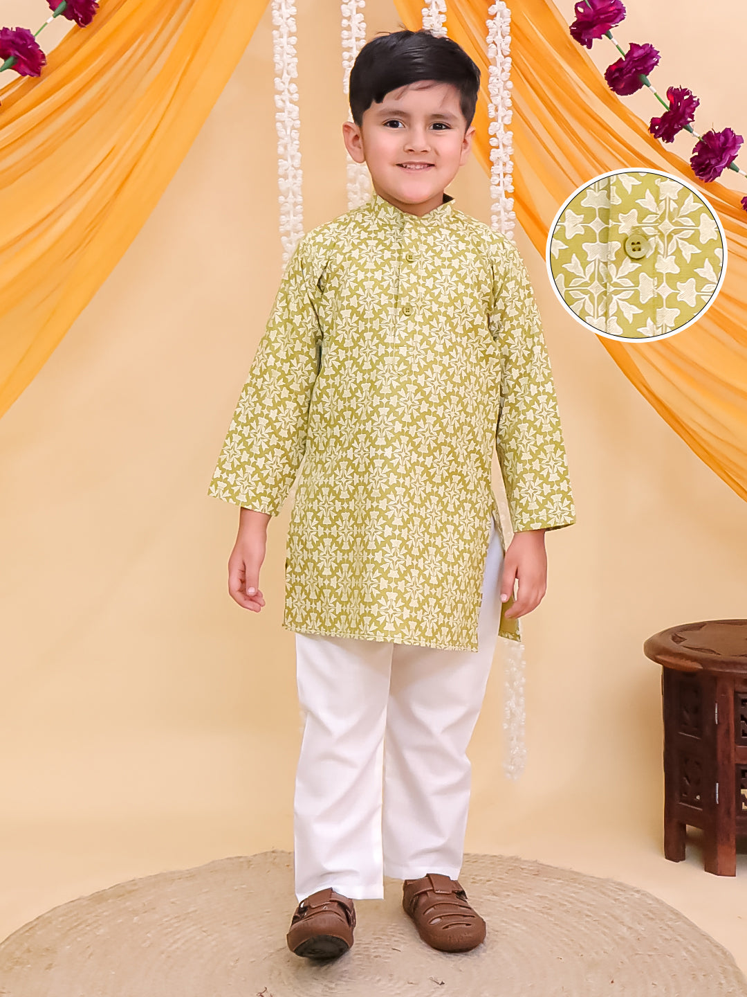Boys Green Cotton Full sleeves Printed Kurta Pyjama Set - AJ Dezines