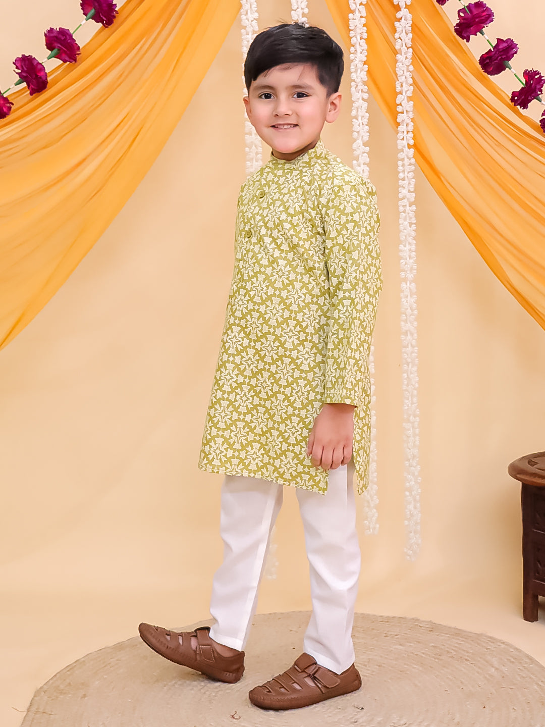 Boys Green Cotton Full sleeves Printed Kurta Pyjama Set - AJ Dezines