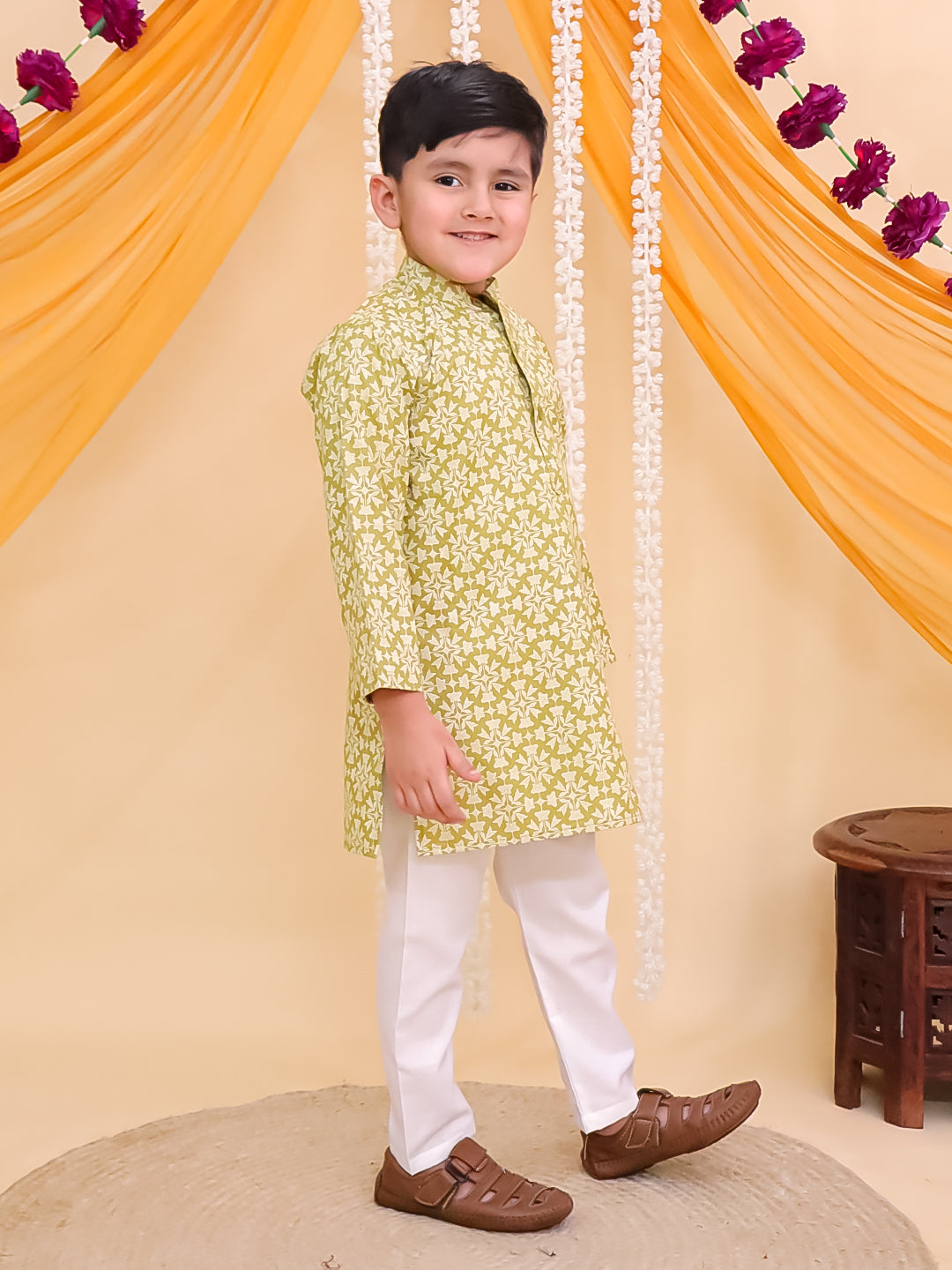 Boys Green Cotton Full sleeves Printed Kurta Pyjama Set - AJ Dezines