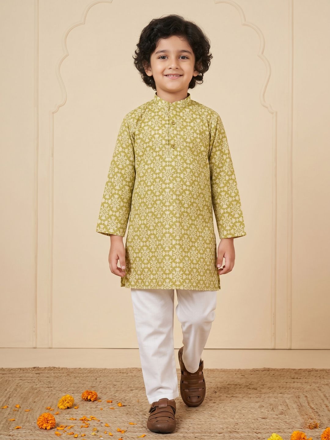 Boys Green Cotton Full sleeves Printed Kurta Pyjama Set - AJ Dezines