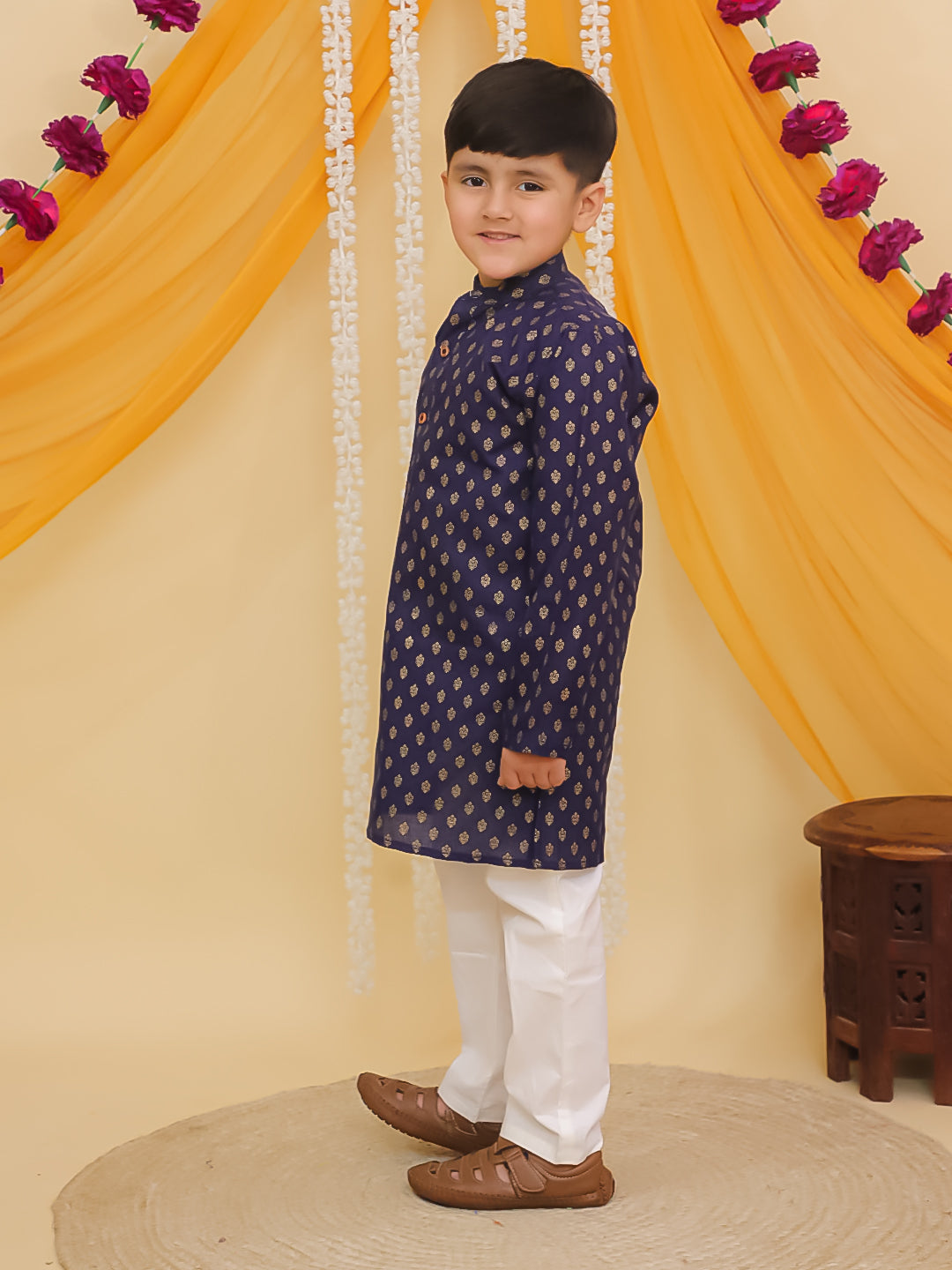 Boys Blue Cotton Full sleeves Foil Printed Kurta Pyjama Set