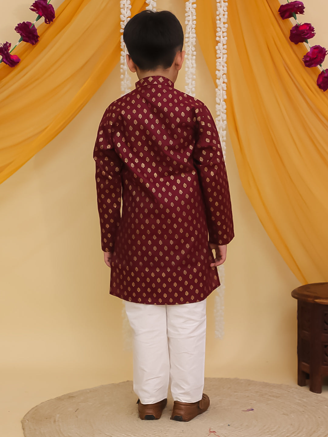 Maroon Cotton Full sleeves Foil Printed Kurta Pyjama Set
