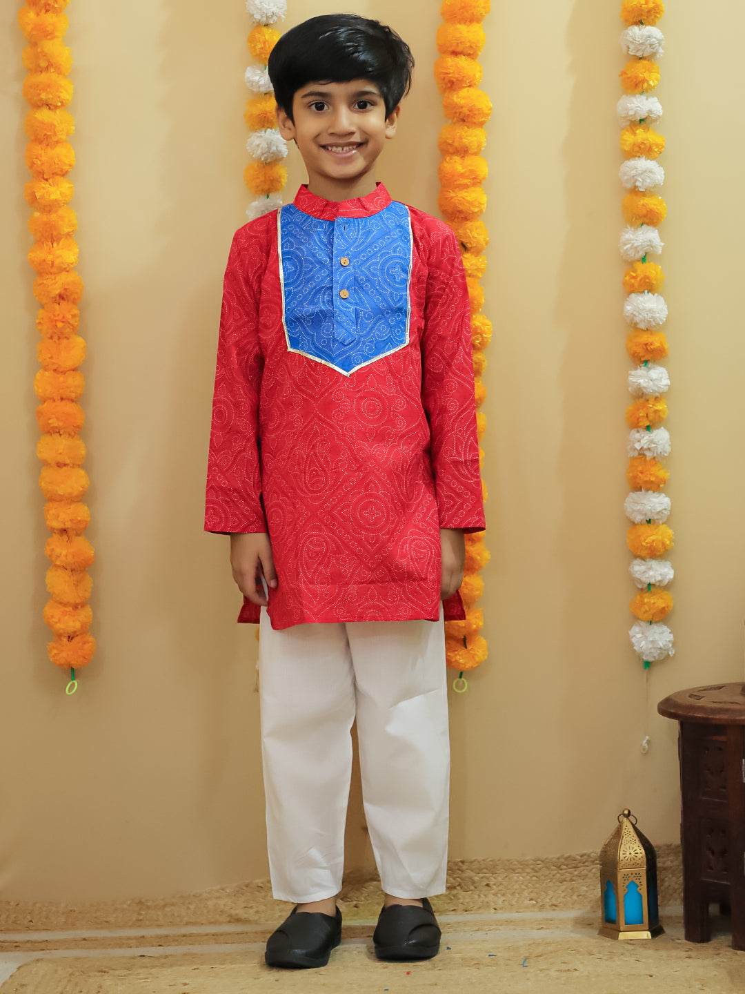 Boys Red Cotton Full sleeves Printed Kurta Pyjama Set - AJ Dezines