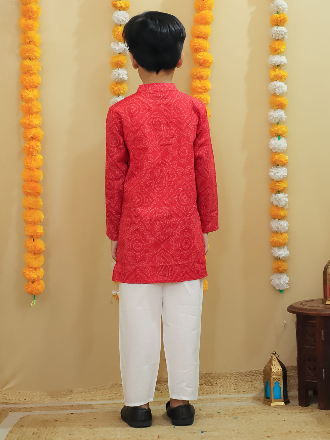 Boys Red Cotton Full sleeves Printed Kurta Pyjama Set - AJ Dezines