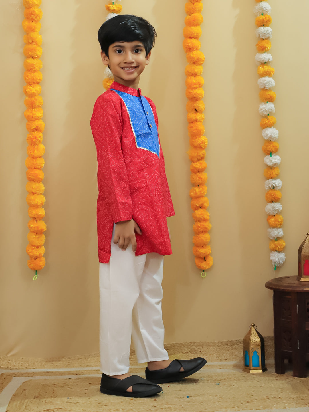 Boys Red Cotton Full sleeves Printed Kurta Pyjama Set - AJ Dezines