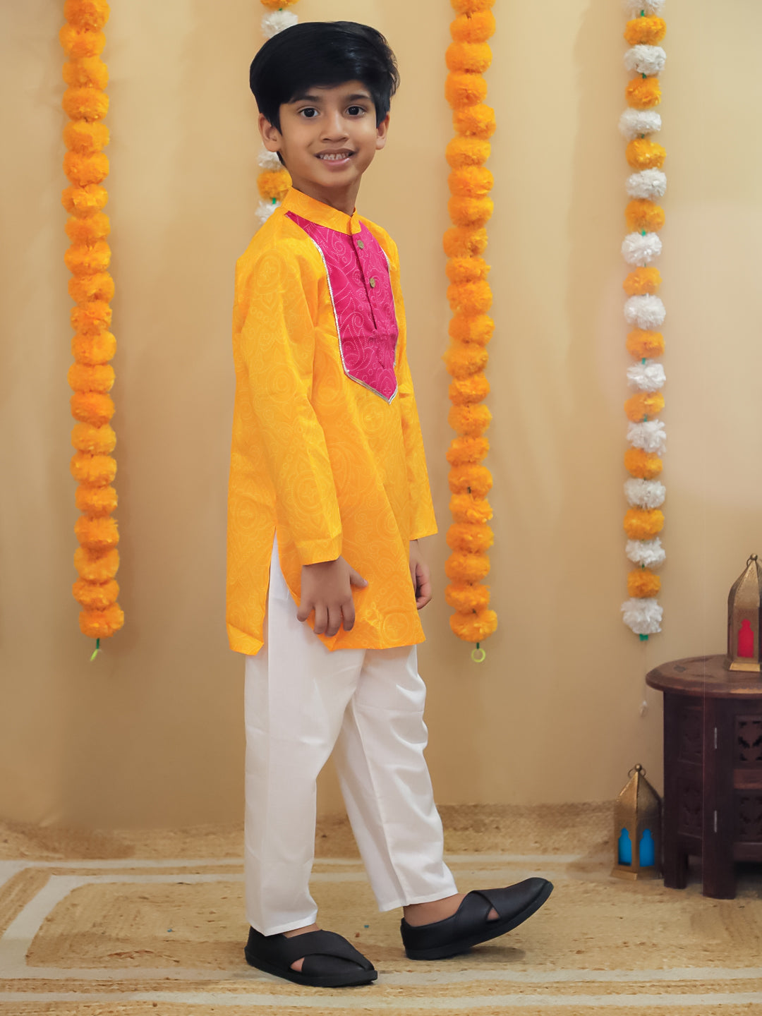 Yellow Cotton Full sleeves Printed Festive & Ethnic Wear Kurta Pyjama Set For Kids Boys