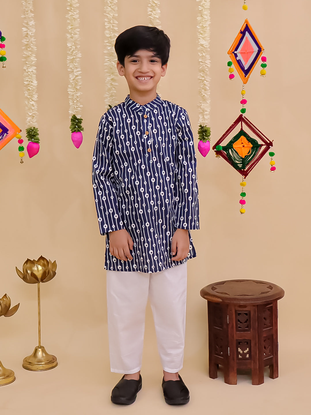 Boys Blue Cotton Full sleeves Printed Kurta Pyjama Set - AJ Dezines