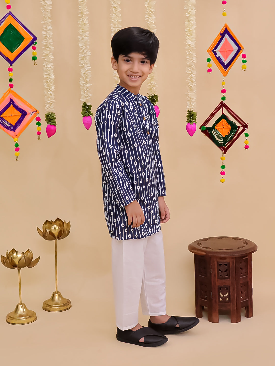 Boys Blue Cotton Full sleeves Printed Kurta Pyjama Set - AJ Dezines