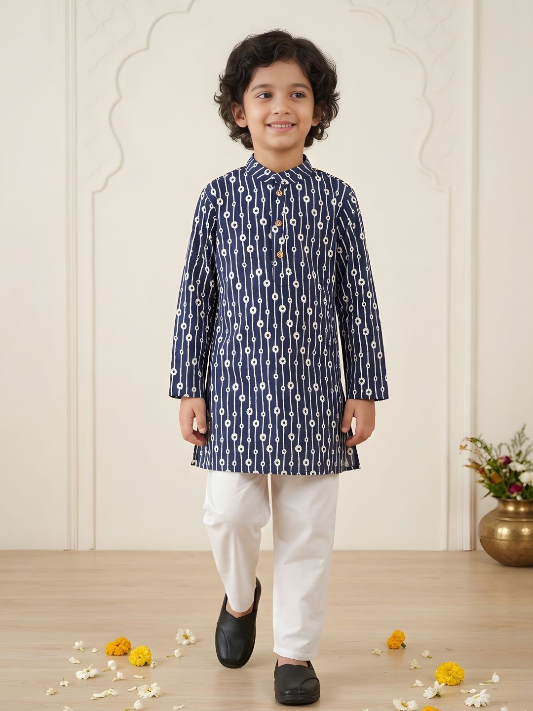 Boys Blue Cotton Full sleeves Printed Kurta Pyjama Set - AJ Dezines