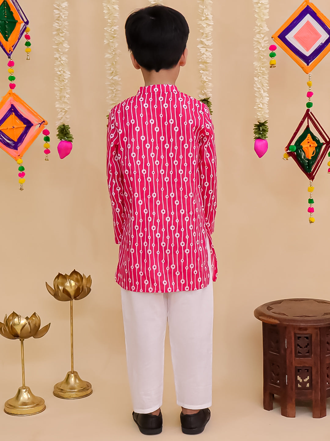 Boys Pink Cotton Full sleeves Printed Kurta Pyjama Set - AJ Dezines