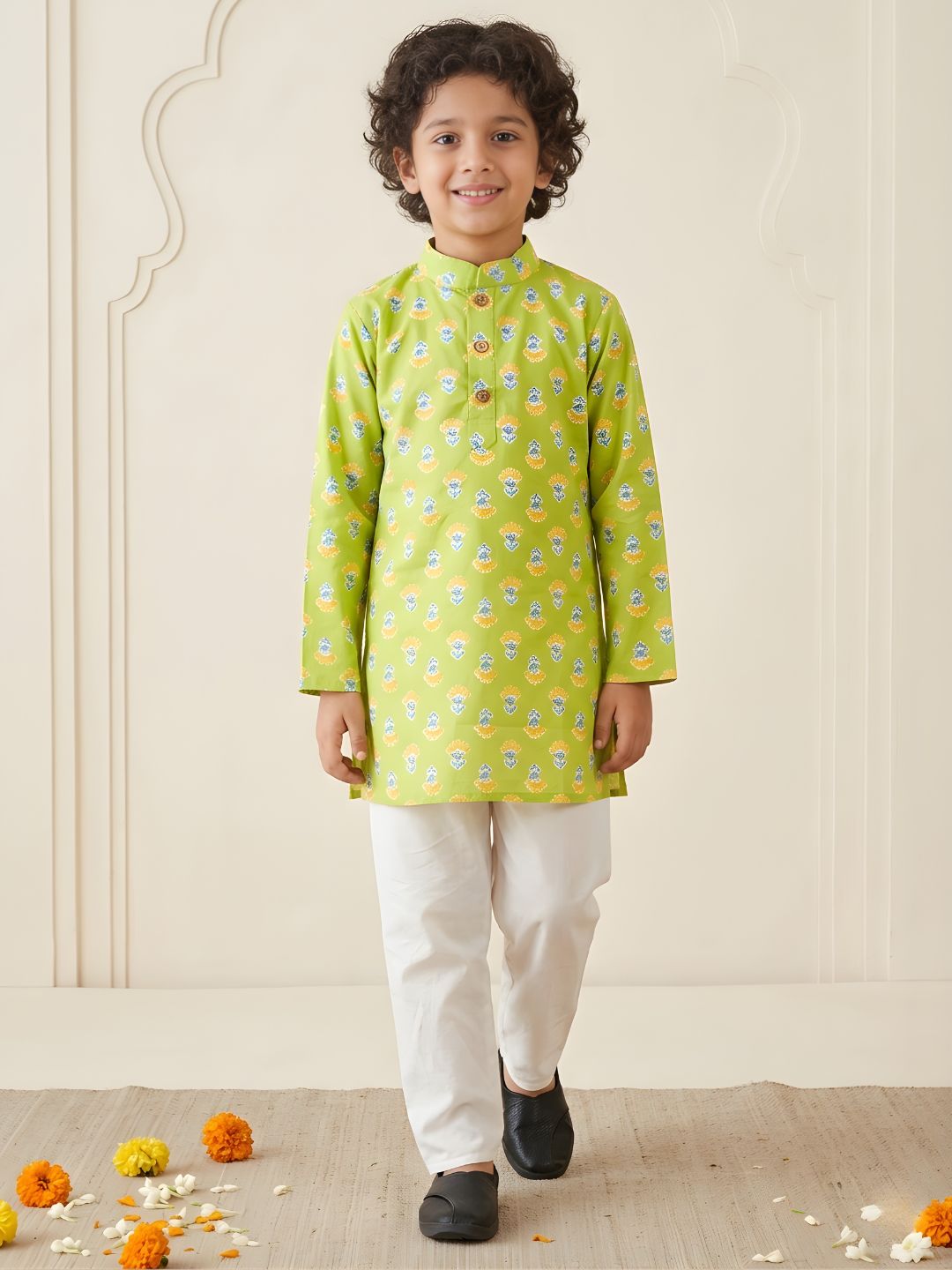 Boys Green Cotton Full sleeves Floral Print Kurta Pyjama Set