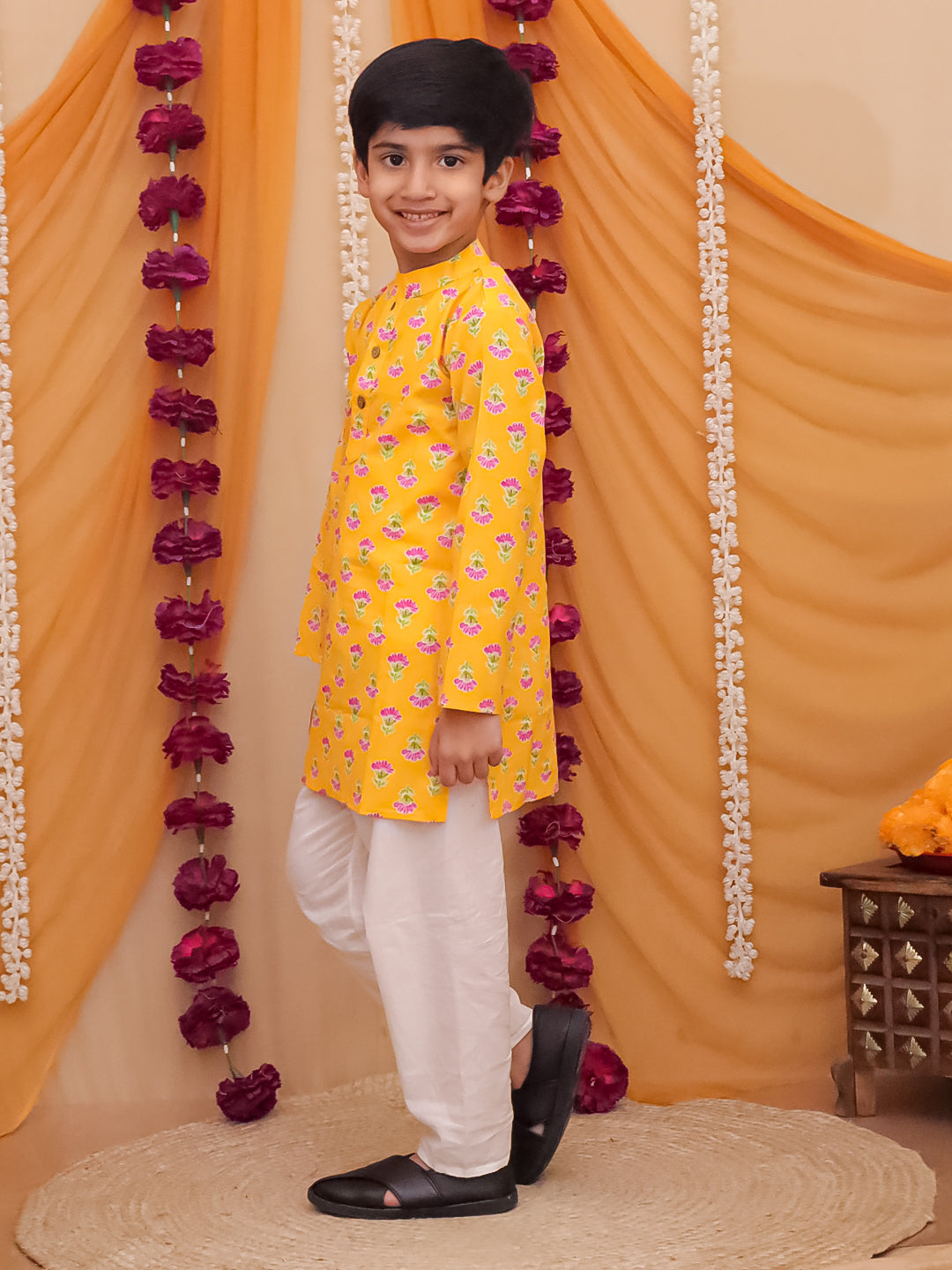 Boys Yellow Cotton Full sleeves Floral Print Kurta Pyjama Set