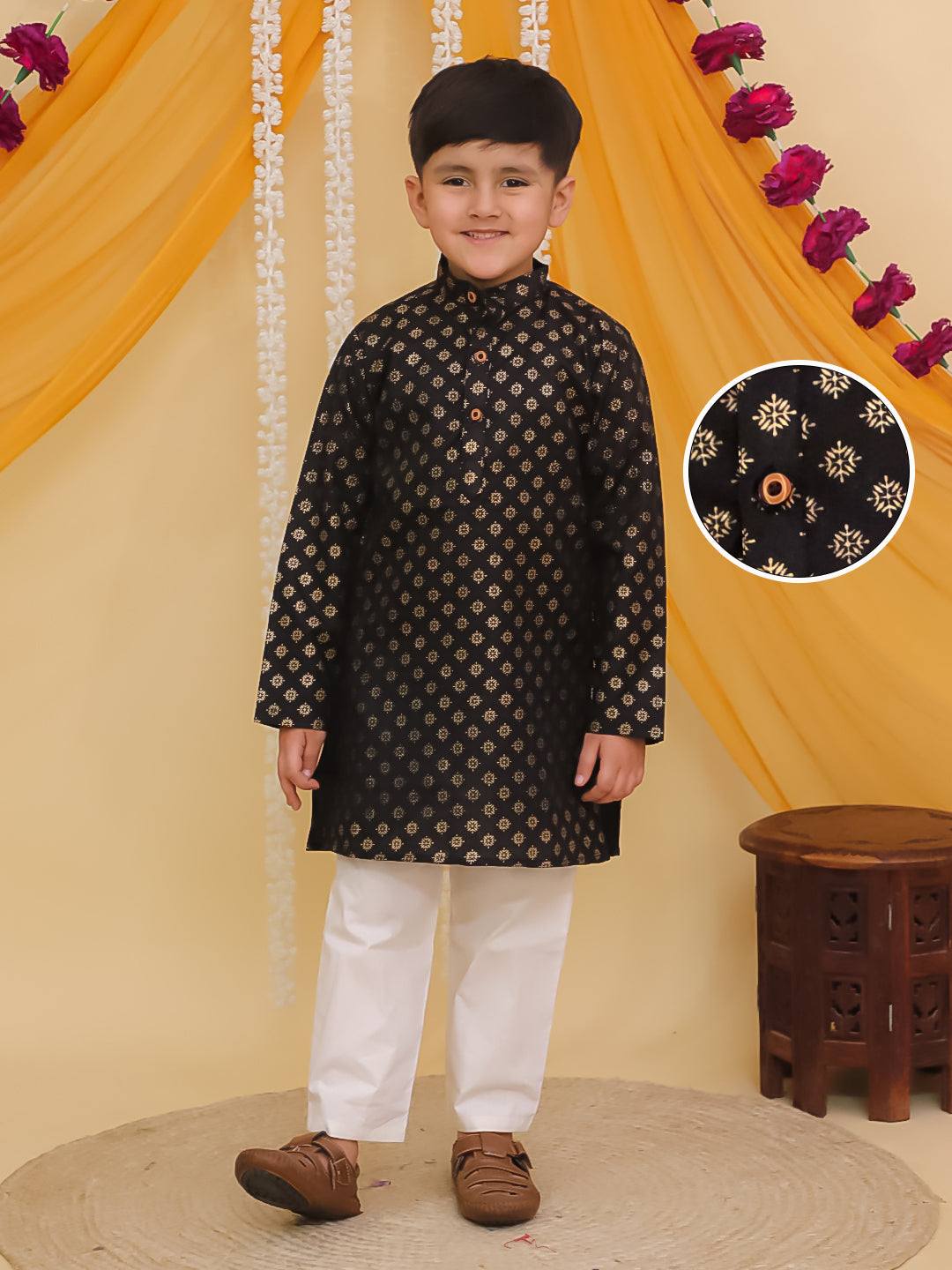 Black Cotton Full sleeves Foil Printed Kurta Pyjama Set