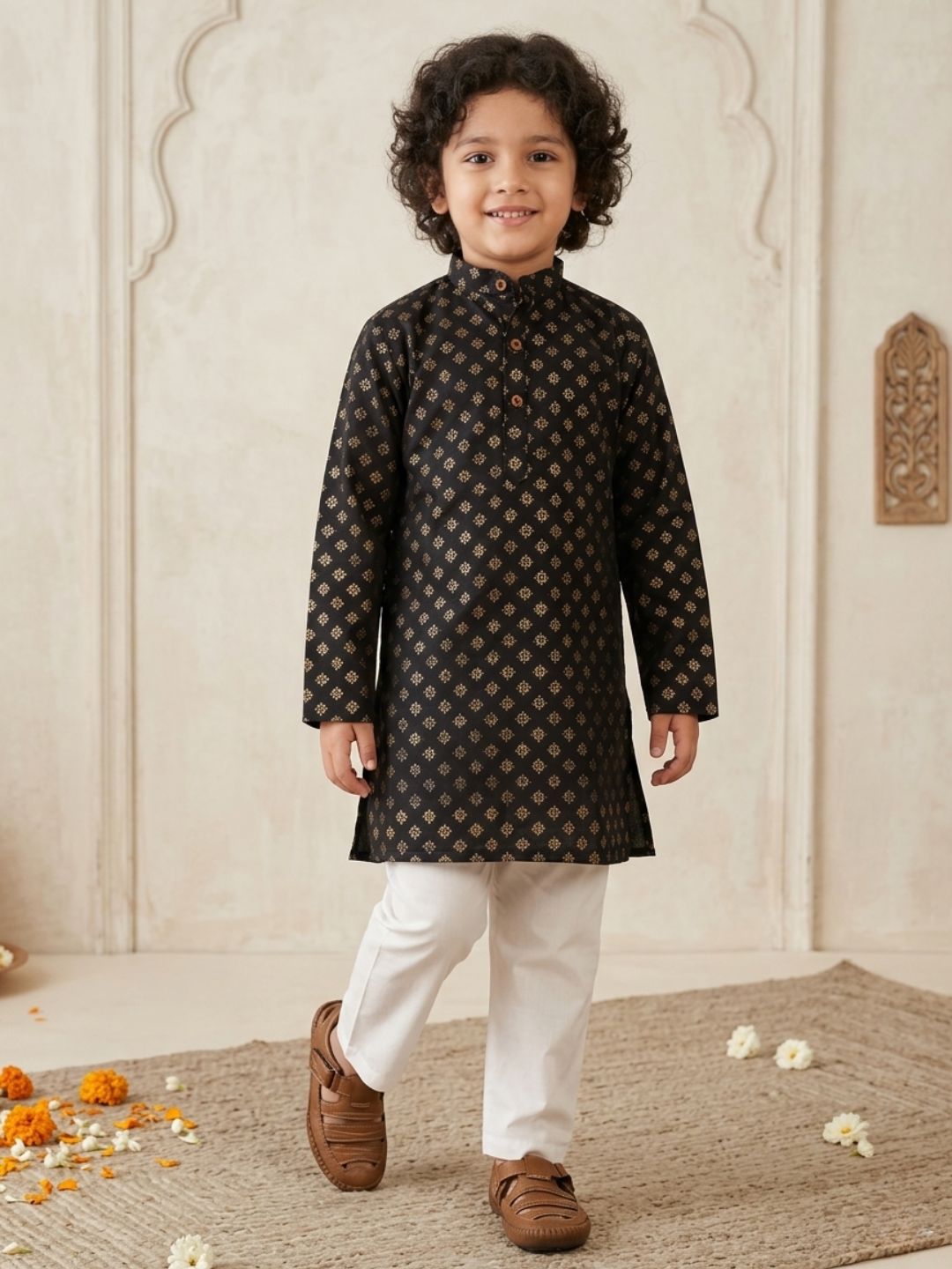 Black Cotton Full sleeves Foil Printed Kurta Pyjama Set
