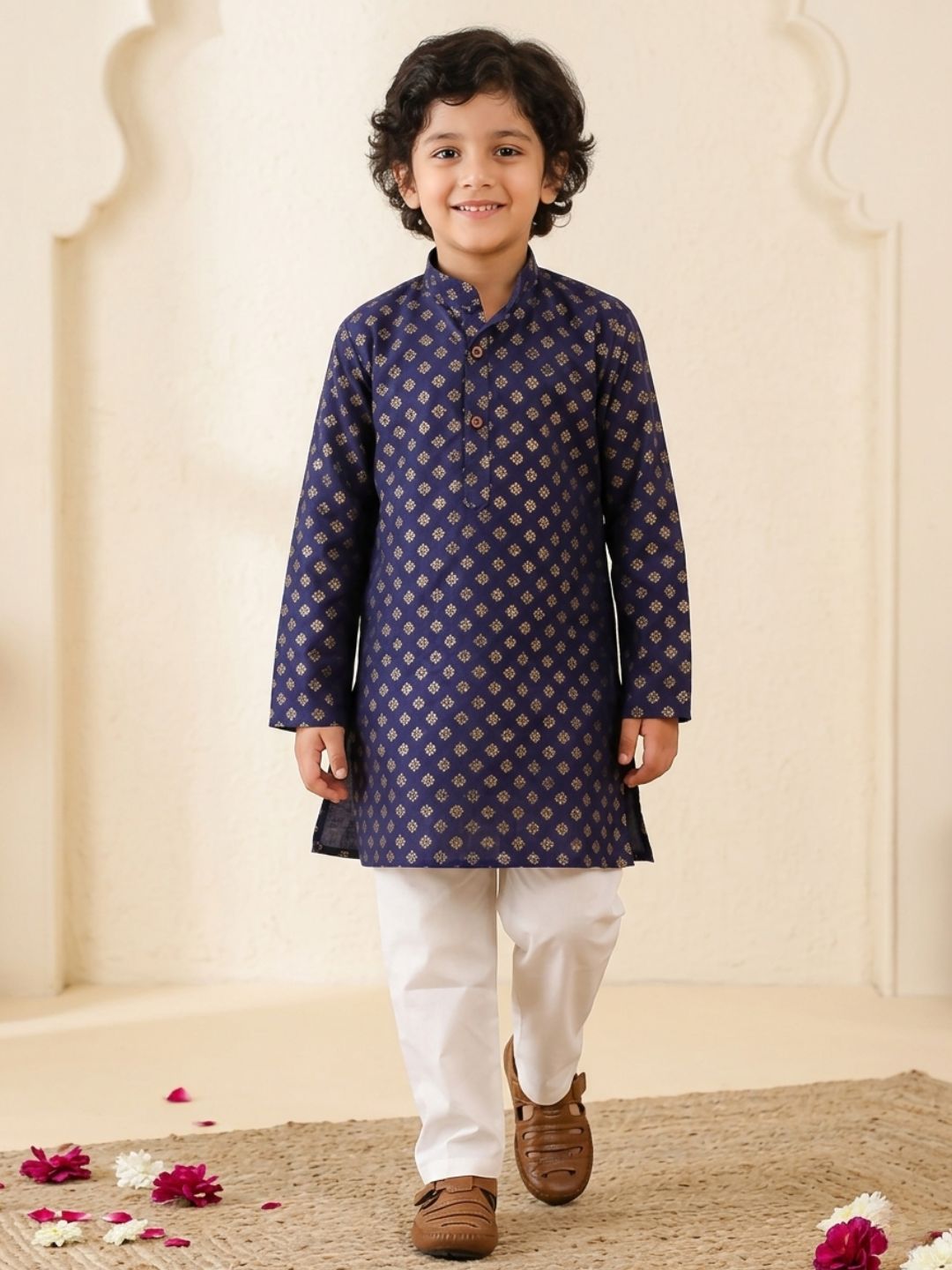 Blue Cotton Full sleeves Foil Printed Kurta Pyjama Set