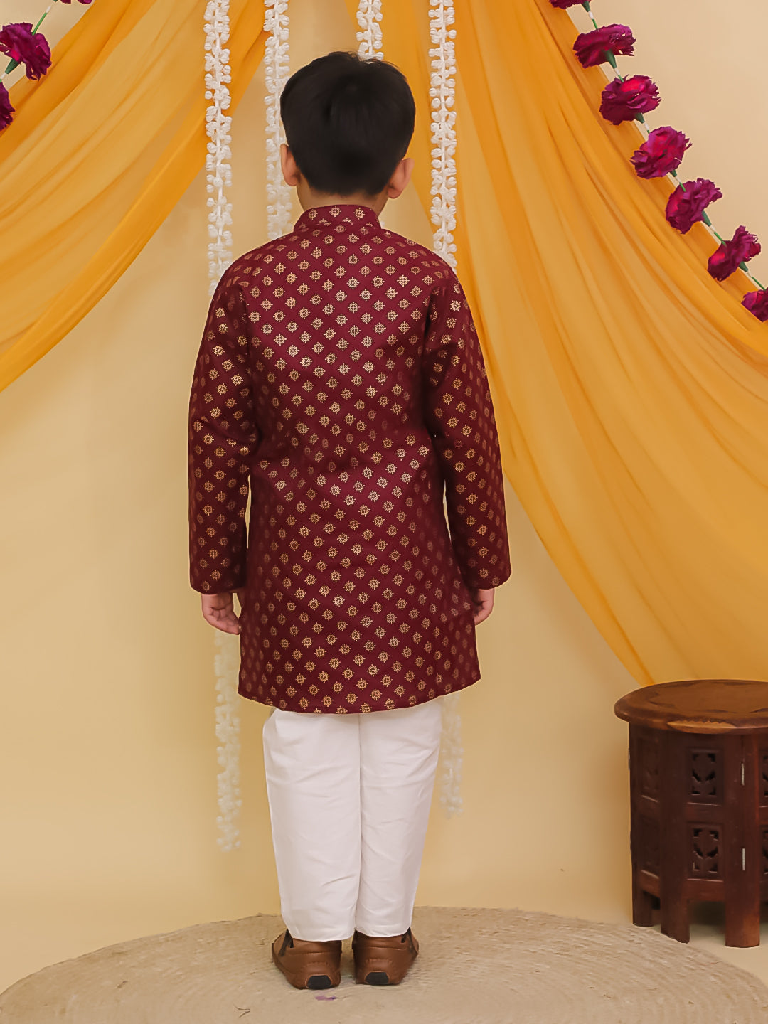 Maroon Cotton Full sleeves Foil Printed Kurta Pyjama Set