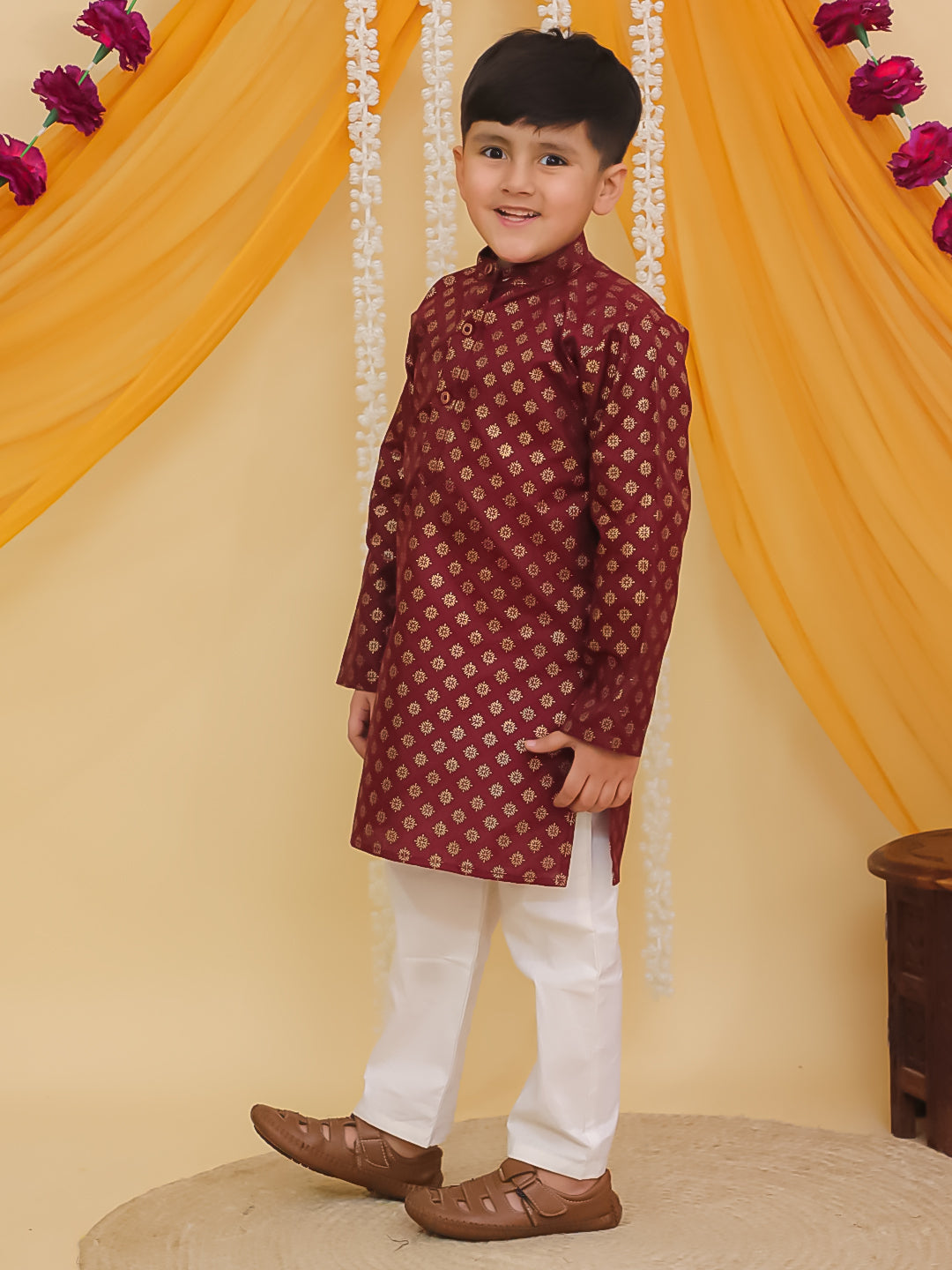 Maroon Cotton Full sleeves Foil Printed Kurta Pyjama Set