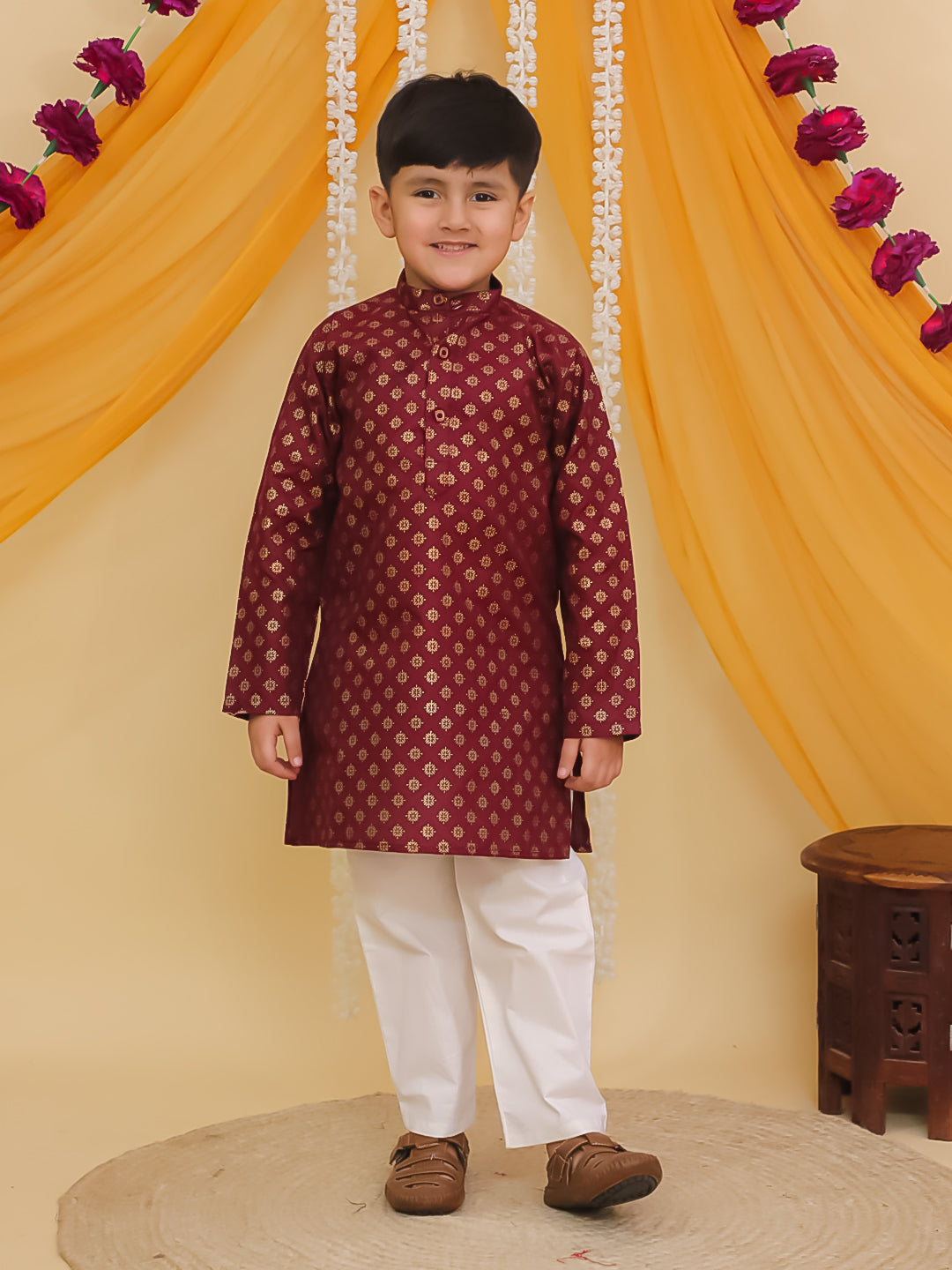Maroon Cotton Full sleeves Foil Printed Kurta Pyjama Set