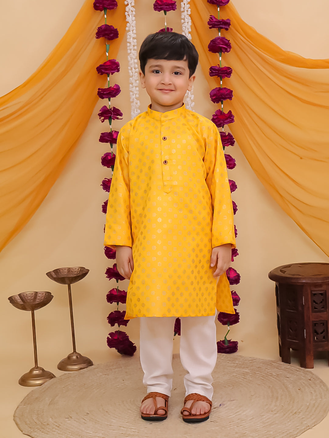 Yellow Cotton Full sleeves Foil Printed Kurta Pyjama Set