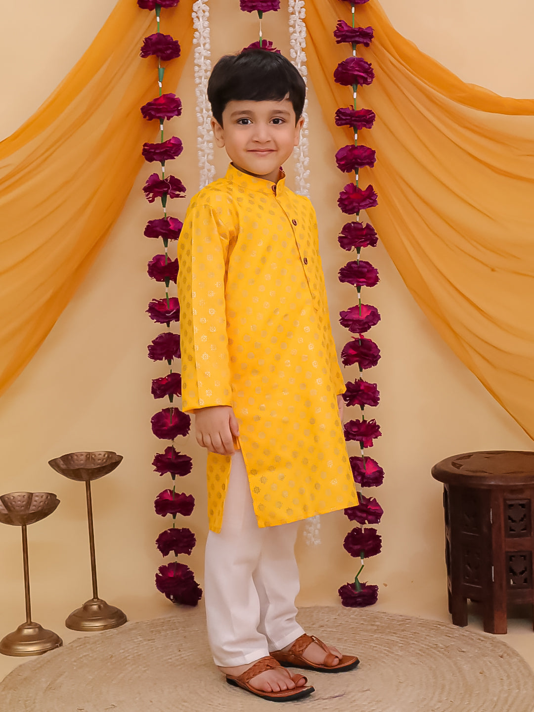 Yellow Cotton Full sleeves Foil Printed Kurta Pyjama Set