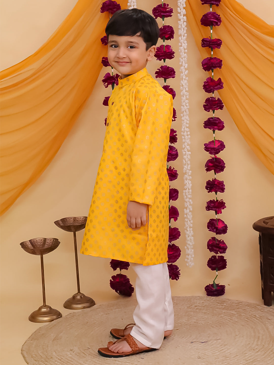 Yellow Cotton Full sleeves Foil Printed Kurta Pyjama Set