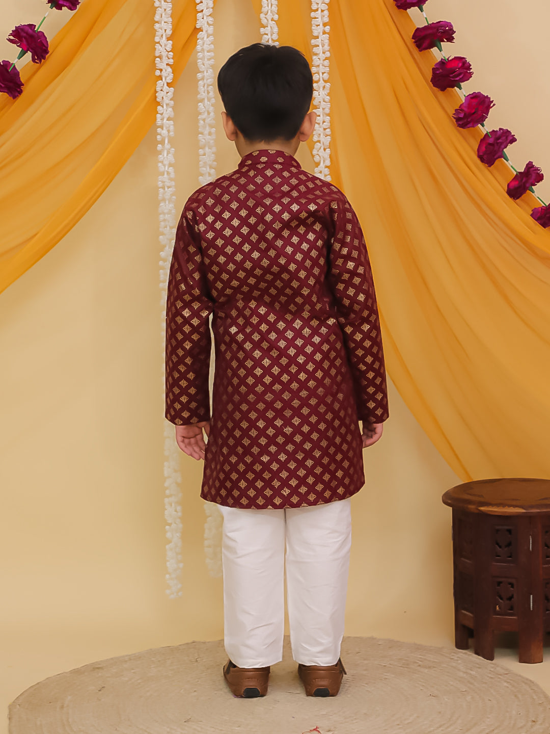 Maroon Cotton Full sleeves Foil Printed Kurta Pyjama Set