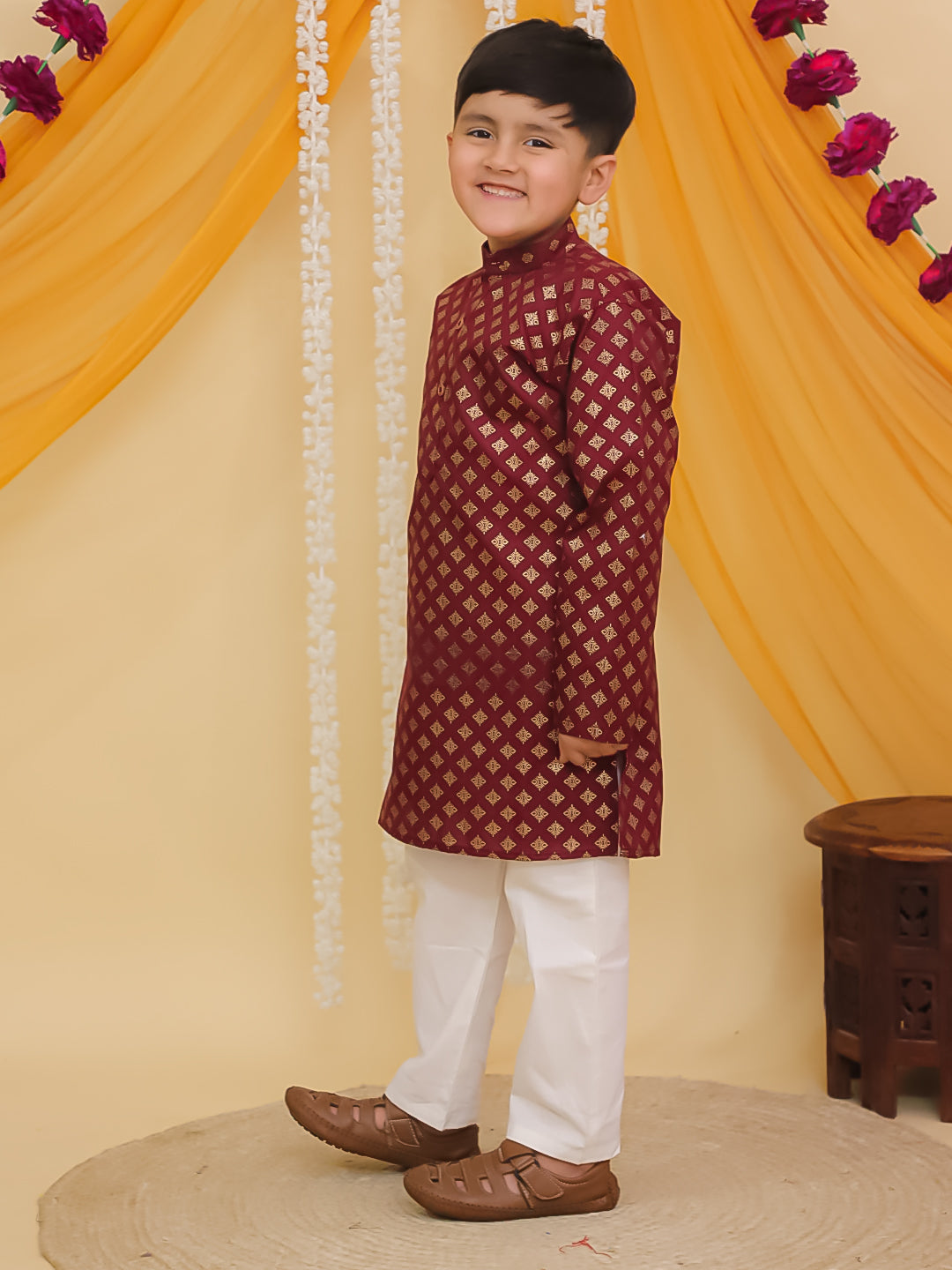 Maroon Cotton Full sleeves Foil Printed Kurta Pyjama Set